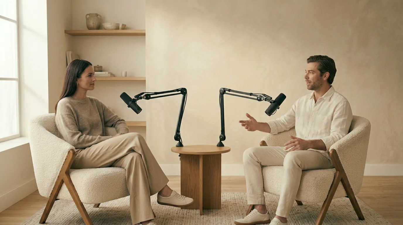 Rozłożone mobilne studio podcastowe: dwa fotele, mikrofony i realizacja w pomieszczeniu klienta